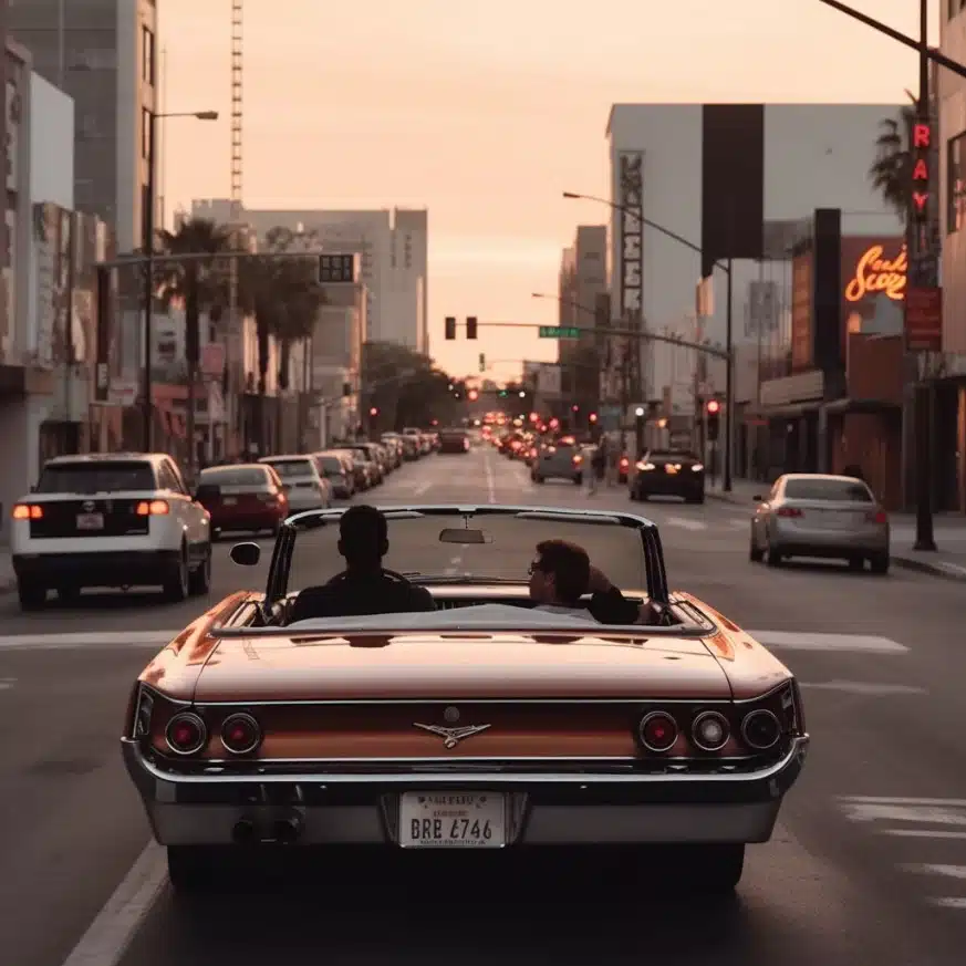 two guys drive down a one-lane street in LA