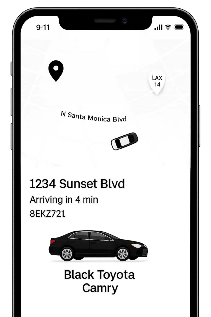 A smartphone screen displaying a ride-share app interface with a simplified map showing nearby streets, a pickup location pin, and a car icon en route, along with text indicating the pickup address “1234 Sunset Blvd,” an arrival time of four minutes, a vehicle identification number, and an illustration of a black Toyota Camry, all framed within a modern phone bezel.