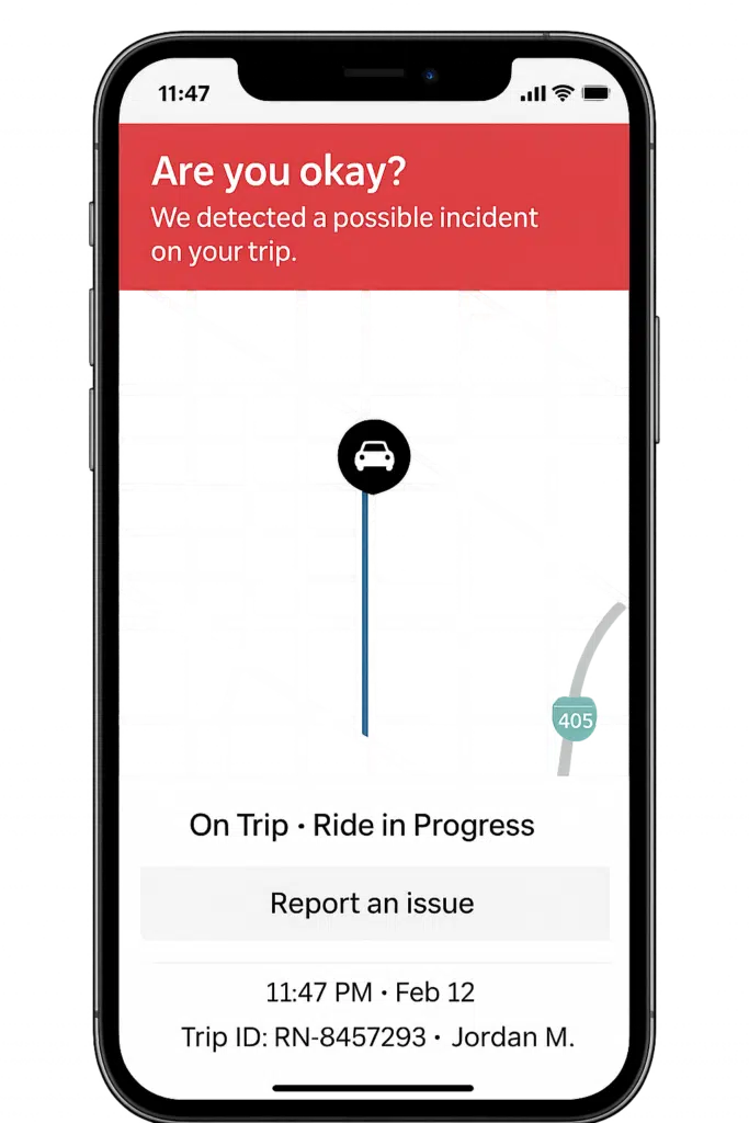 A smartphone screen showing a ride-share safety alert with a red banner reading “Are you okay? We detected a possible incident on your trip,” a map with a car icon marking the vehicle’s location, and options indicating an active ride in progress, a button to report an issue, the time and date, and a trip ID displayed at the bottom.