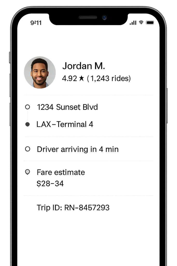 A smartphone screen showing a rideshare trip details page with the driver’s profile photo, name “Jordan M.”, a 4.92 star rating based on 1,248 rides, pickup location listed as 1234 Sunset Blvd, destination shown as LAX Terminal 4, a notice that the driver is arriving in 4 minutes, an estimated fare range of $28–34, and a trip ID displayed at the bottom.