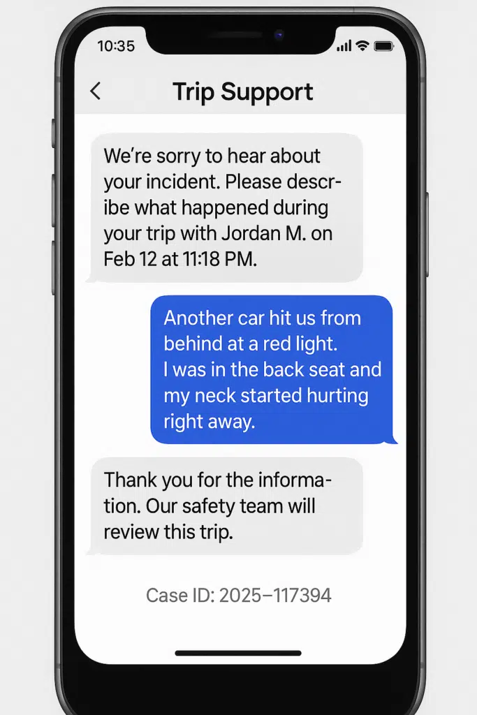 A smartphone screen showing a ride-share trip support chat interface where the company apologizes for an incident and asks the passenger to describe what happened during a specific trip, followed by a blue message bubble stating that another car rear-ended the vehicle at a red light and the passenger experienced immediate neck pain while seated in the back, with a confirmation message saying the safety team will review the report and a visible case ID displayed at the bottom.